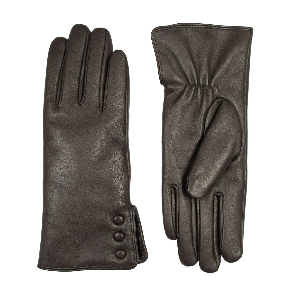 Women's Touchscreen Water-Resistant Faux Fur-Lined Leather Gloves with Buttons (Agata)
