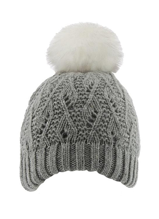 Lace Knit Bobble Hat  with Marl Yarn and Faux Fur Pom Pom