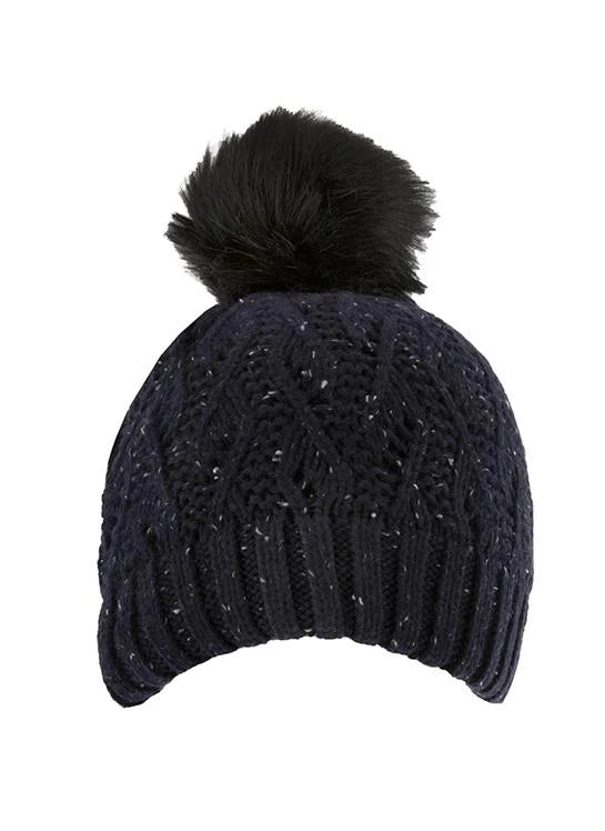 Lace Knit Bobble Hat with Marl Yarn and Faux Fur Pom Pom