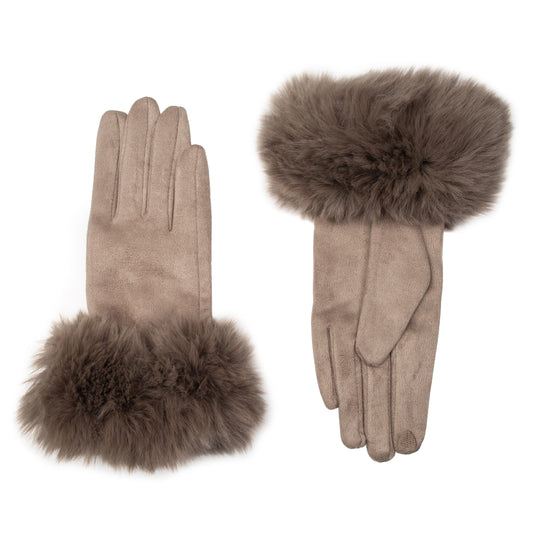 Touchscreen Velour-Lined Faux Suede Gloves with Faux Fur Cuffs