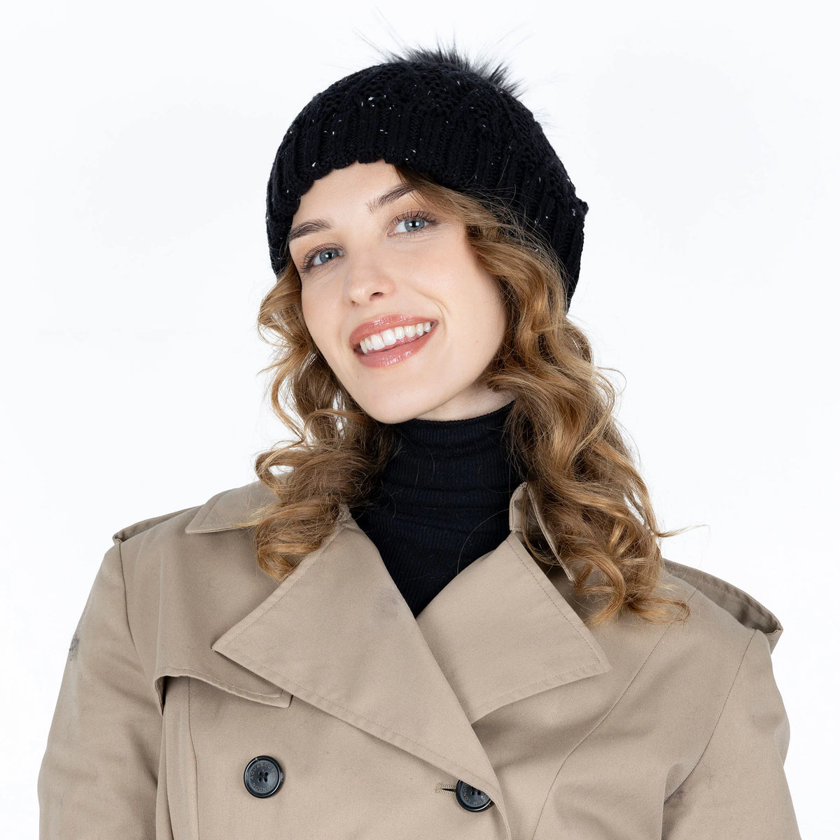 Lace Knit Bobble Hat with Marl Yarn and Faux Fur Pom Pom