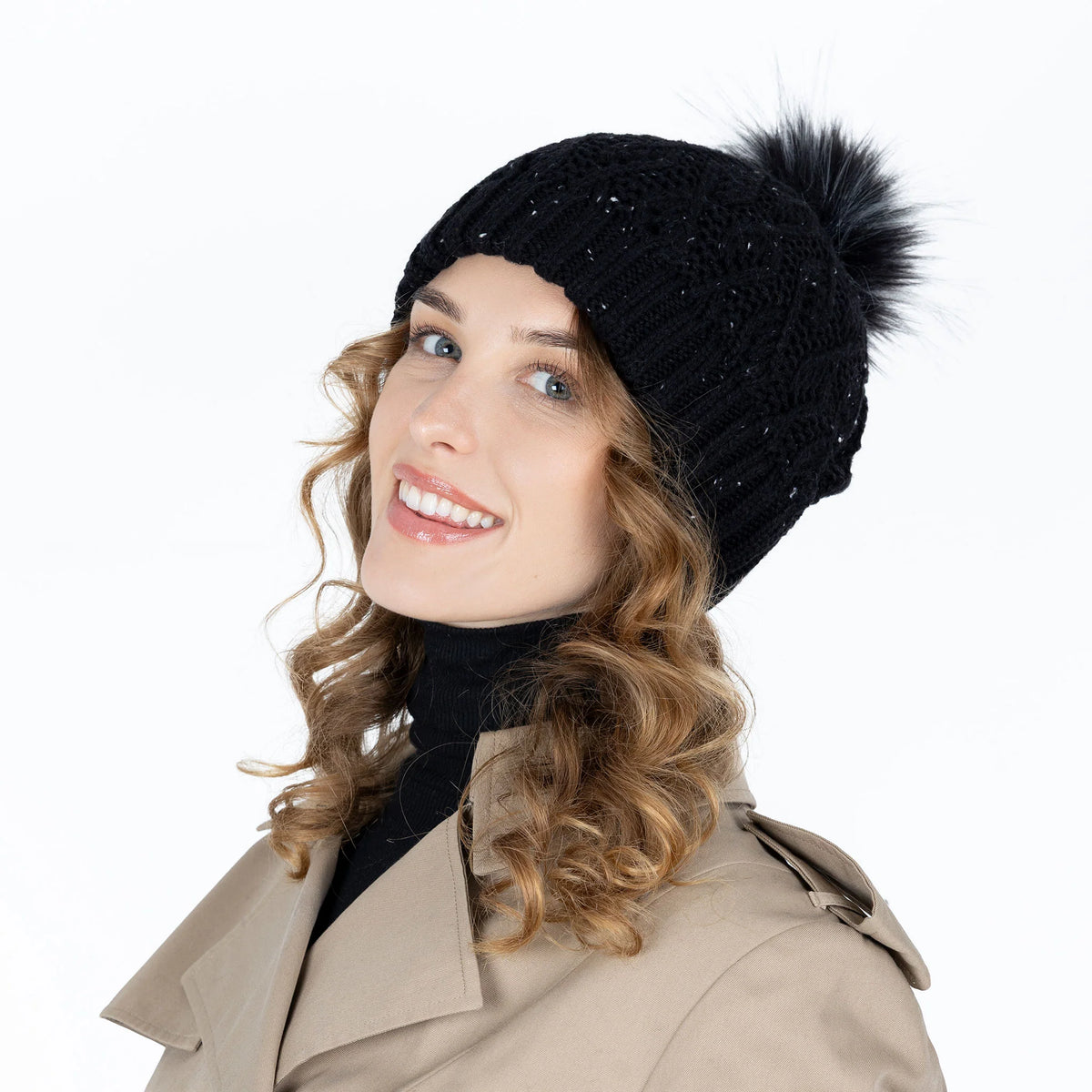 Lace Knit Bobble Hat with Marl Yarn and Faux Fur Pom Pom