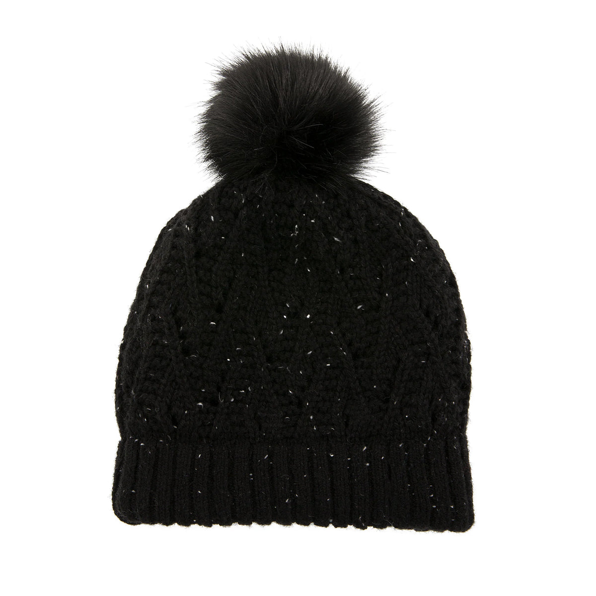 Lace Knit Bobble Hat with Marl Yarn and Faux Fur Pom Pom