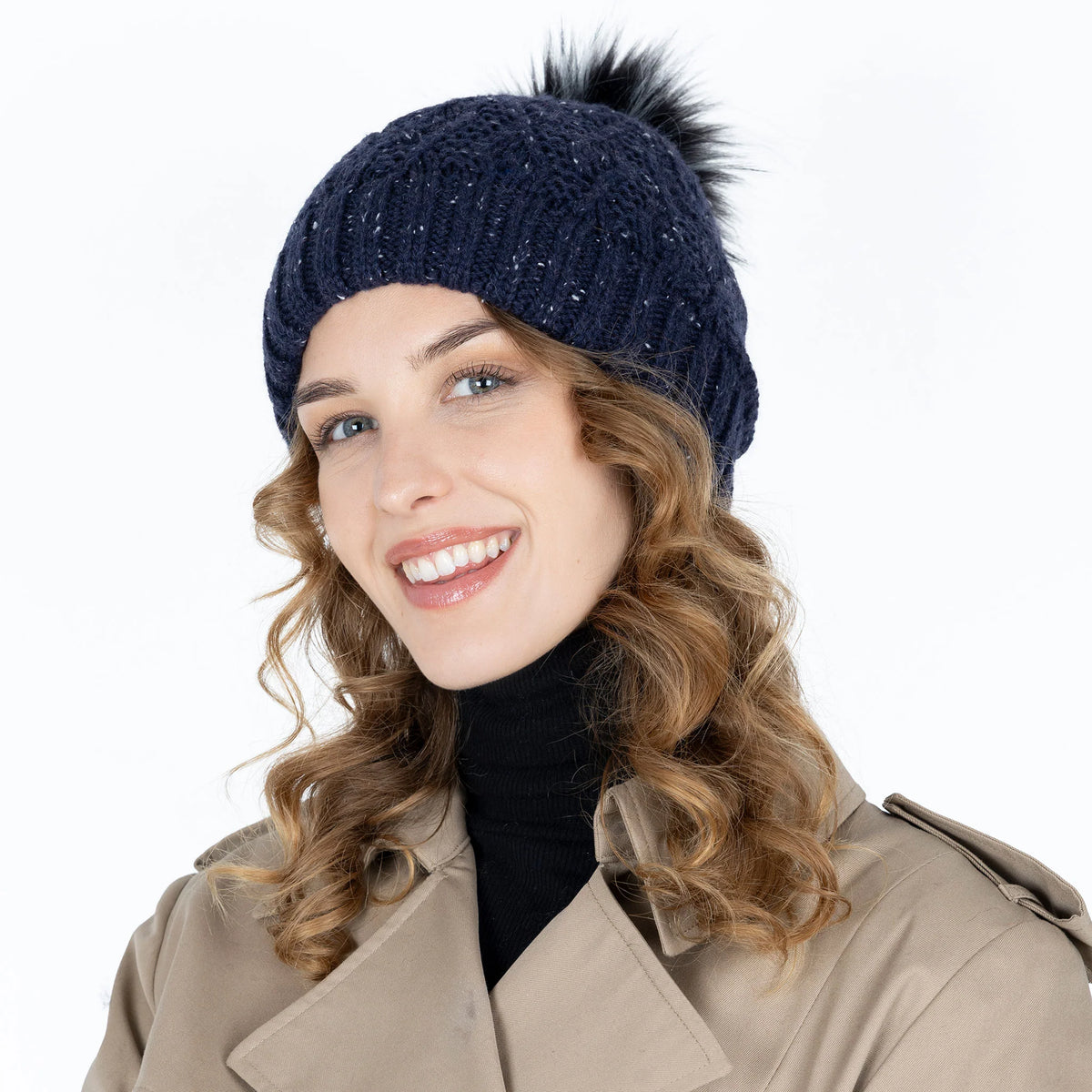 Lace Knit Bobble Hat with Marl Yarn and Faux Fur Pom Pom
