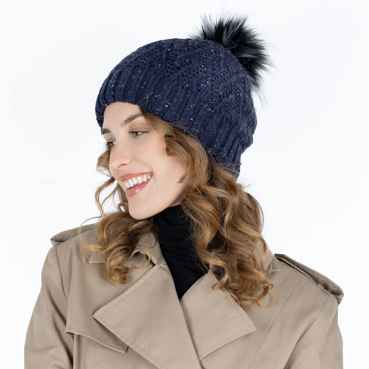 Lace Knit Bobble Hat with Marl Yarn and Faux Fur Pom Pom