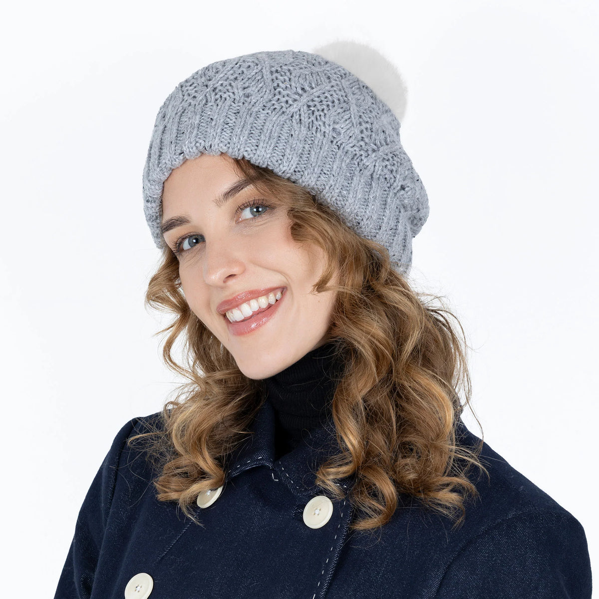 Lace Knit Bobble Hat with Marl Yarn and Faux Fur Pom Pom