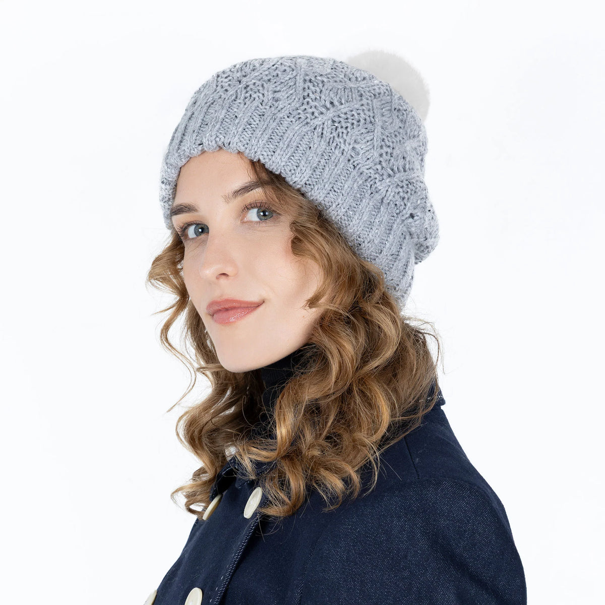 Lace Knit Bobble Hat with Marl Yarn and Faux Fur Pom Pom