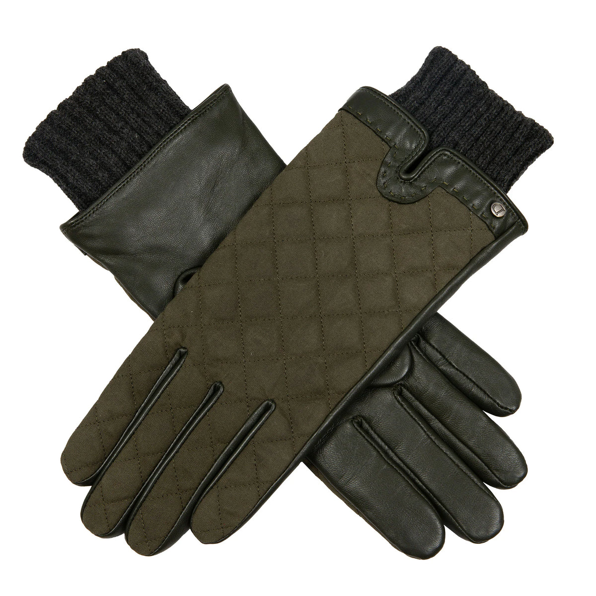 Touchscreen Water-Resistant Lined Waxed Cotton and Leather Gloves with Knitted Cuffs (Arabella)