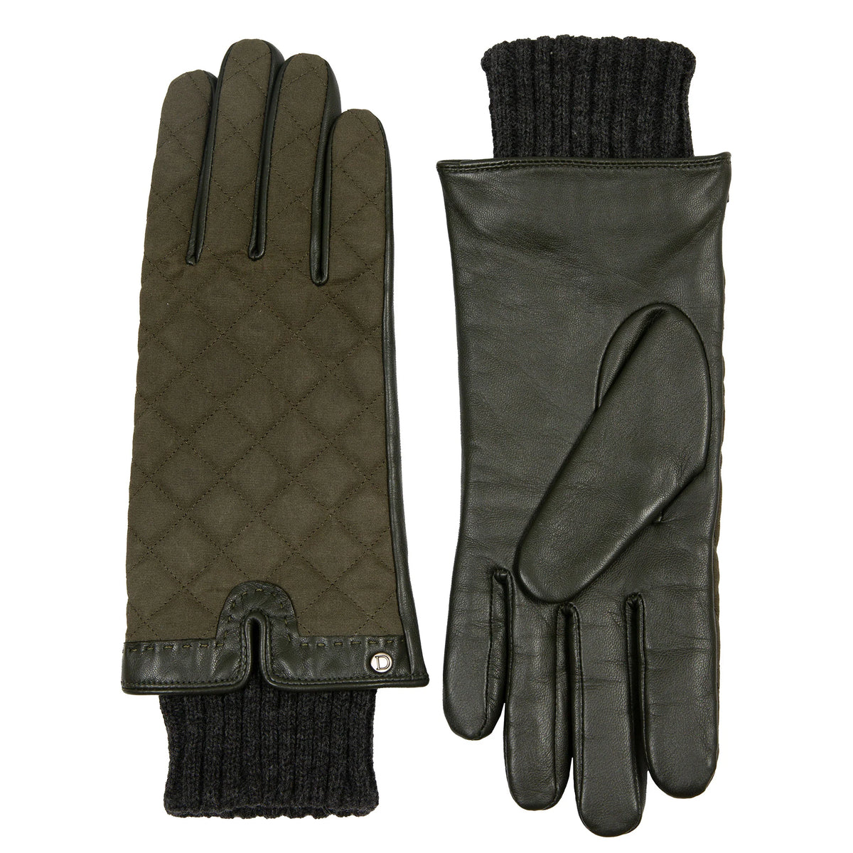 Touchscreen Water-Resistant Lined Waxed Cotton and Leather Gloves with Knitted Cuffs (Arabella)