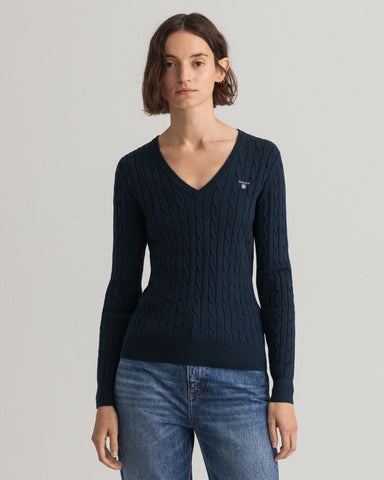 Gant Stretch Cotton Cable V-Neck Sweater Women